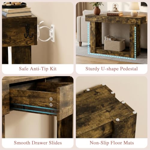 47'' Console Table with 3 Drawers and Open Storage, Entryway Table with Socket, LED Light and Hooks, Narrow Long Wood Sofa Table Behind Couch Table for Living Room, Hallway, Foyer, Brown - size: 47'' IN