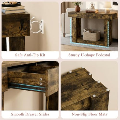 47'' Console Table with 3 Drawers and Open Storage, Entryway Table with Socket, LED Light and Hooks, Narrow Long Wood Sofa Table Behind Couch Table for Living Room, Hallway, Foyer, Brown - size: 47'' IN