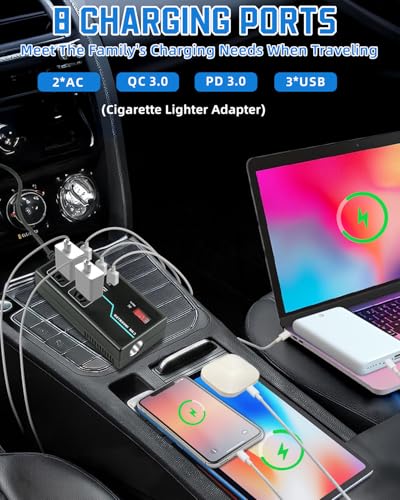 200W Power Inverter, 8-in-1 DC 12V to 110V AC Car Plug Adapter Outlets Converter with 30W PD3.0 & 4 USB Ports,Dual AC Outlet and 10A Cigarette Lighter Splitter, Car Charger for Laptop