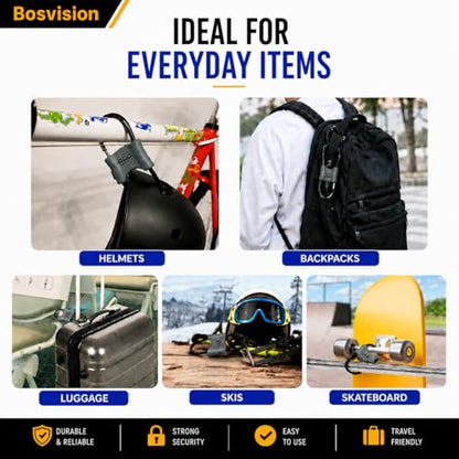 Bosvision 3-Digit Combination Lock with Braided Steel Cable – Secure Helmet, Backpack, Ski Gear, Luggage, Stroller – Dual Loop, Travel-Friendly Padlock - color: Green