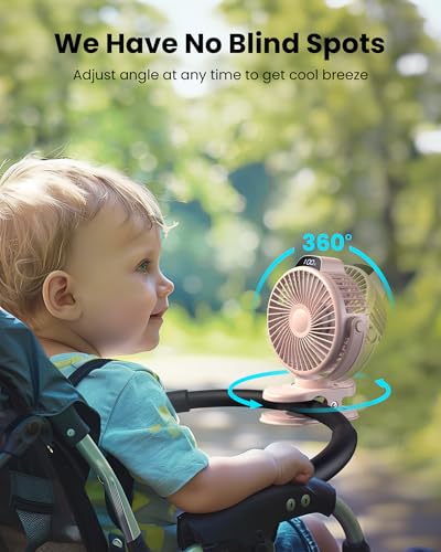Koonie Portable Clip-On Fan, Small Rechargeable Battery Operated, 3 Speeds | Pink Mini Clamp Fan With LED Display, 360° Rotate Personal Cooling Desk Fan for Stroller Bed Travel Camping Golf Gym - color: pink