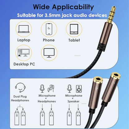 Mepsies Headphone Splitter, 3.5mm Aux Plug to Dual Jack Headset Mic Adapter | Stereo Audio Microphone Y Splitter Extension Cable for Laptop, Smartphone, Tablet, Headset, Speaker and More