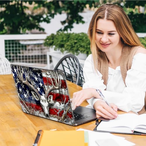 Laptop Skin Sticker Decal, Universal Reusable Vinyl Laptop Cover for 12" 13" 13.3" 14" 15" 15.4" 15.6" Notebook PC, Reusable Waterproof Scratch-Resistant with 2 Wrist Pads,American Flag Retro Deer - color: American Flag Retro Deer