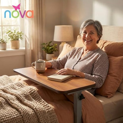 NOVA Overbed Table with Locking Swivel Wheels, Height Adjustable, Walnut Wood Grain Top, Heavy-Duty Steel Base, Easy Assembly, Bedside Laptop & Meal Table - style: Standard