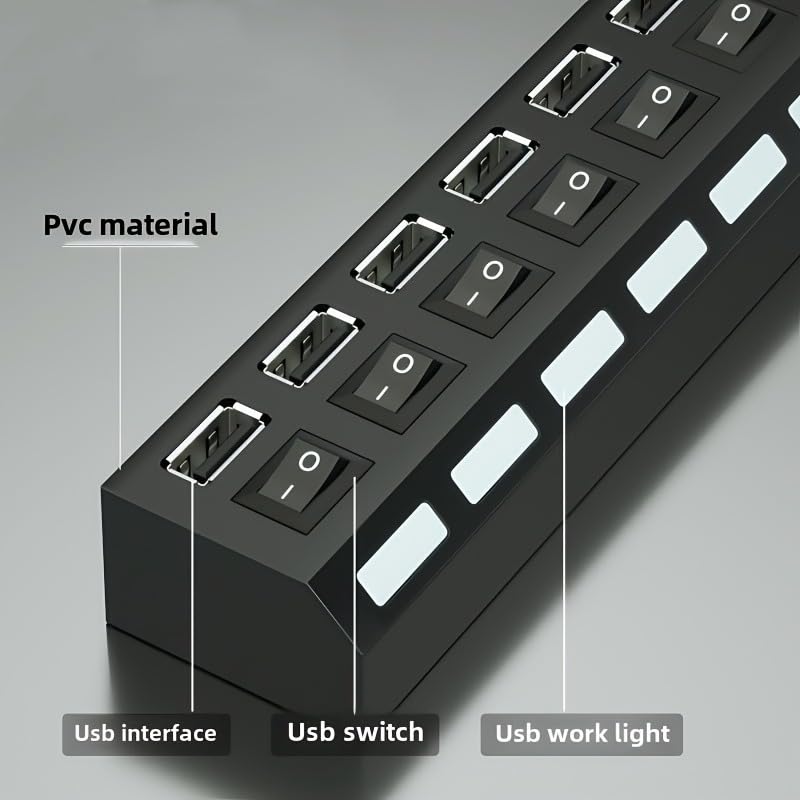 USB Hub, High Speed 7-Port Splitter with Individual LED Light Switches, Black, for PC and Laptop (black-7in1) - color: black-7in1