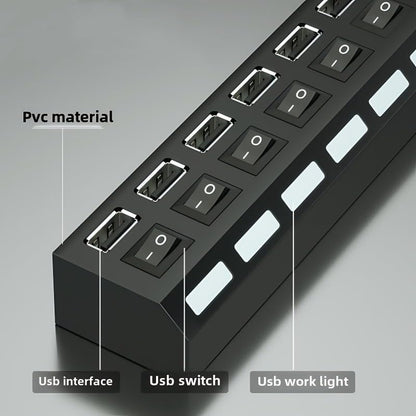USB Hub, High Speed 7-Port Splitter with Individual LED Light Switches, Black, for PC and Laptop (black-7in1) - color: black-7in1