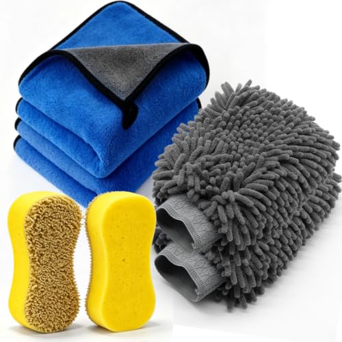 6-Pack Car Cleaning Kit – Microfiber Cloth, Mitt & Sponge Set | 2 Car Sponges, 2 Drying Towels, 2 Scratch-Free Wash Mitts, Highly Absorbent, for Car Detailing, Windows & Home Use - color: 6 Pack