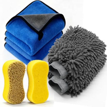 6-Pack Car Cleaning Kit – Microfiber Cloth, Mitt & Sponge Set | 2 Car Sponges, 2 Drying Towels, 2 Scratch-Free Wash Mitts, Highly Absorbent, for Car Detailing, Windows & Home Use - color: 6 Pack