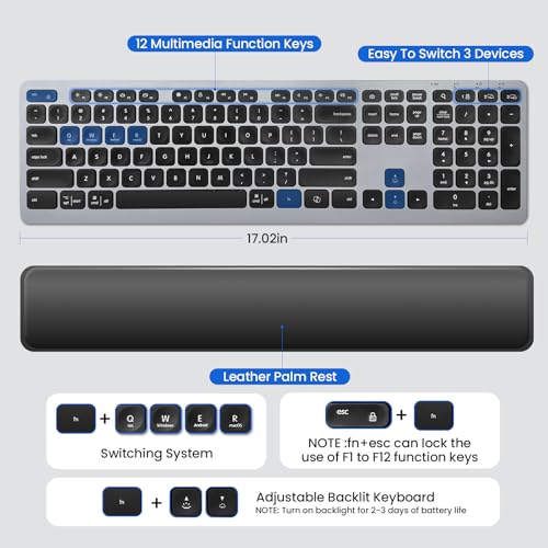Wireless Keyboard, Bluetooth Keyboard with Leather Palm Rest, Backlighting, Multi-Device Pairing, USB C Rechargeable, for Windows, Mac, iOS, Android, Chrome, Office, Students, Long Hours Typing