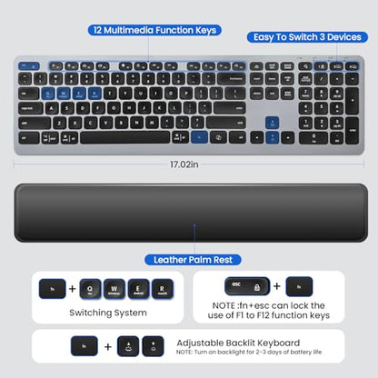 Wireless Keyboard, Bluetooth Keyboard with Leather Palm Rest, Backlighting, Multi-Device Pairing, USB C Rechargeable, for Windows, Mac, iOS, Android, Chrome, Office, Students, Long Hours Typing