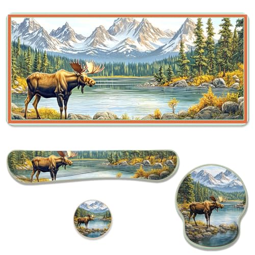 Moose Landscape Desk Mat Set Mountain Lake Large Mouse Pad with Wrist Rest 4in1 Desk Mat for Desktop Ergonomic Computer Desk Arm Wrist Anti-Slip Computer Ergonomic Mouse Pad Home Office Gaming - color: Moose Landscape