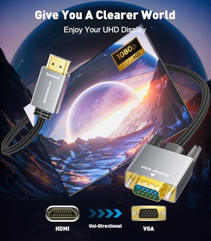 HDMI to VGA Adapter Cable 3FT [Metal Case, Nylon Cable] 1080P@60Hz HDMI Male to VGA Male Uni-Directional Braided Cord for Computer, Laptop, Monitor, Roku, Xbox, Graphics Card More - size: 3FT