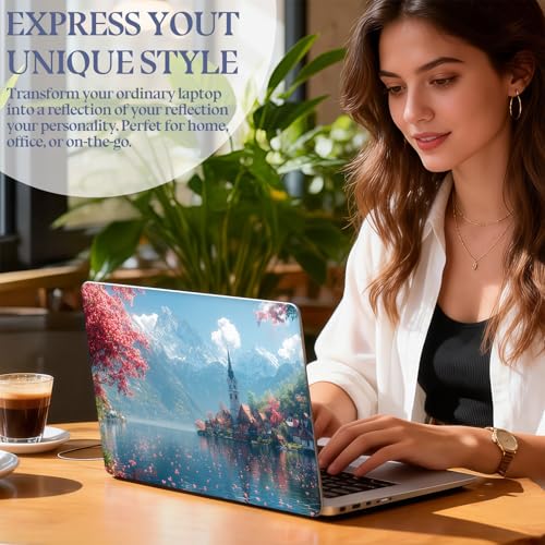 Universal Laptop Skin Sticker Decal,15.6 Inch Laptop Vinyl Cover for 13" 14" 15.6" Laptop,Scratch-Resistant Waterproof Protector Wrap,Reusable with Wrist Pads,Cherry Blossom Lake Village - color: Cherry Blossom Lake Village