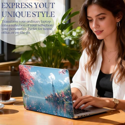 Universal Laptop Skin Sticker Decal,15.6 Inch Laptop Vinyl Cover for 13" 14" 15.6" Laptop,Scratch-Resistant Waterproof Protector Wrap,Reusable with Wrist Pads,Cherry Blossom Lake Village - color: Cherry Blossom Lake Village