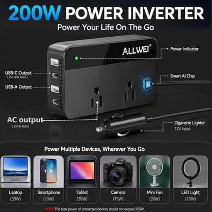 ALLWEI 200W Car Power Inverter 12V DC to 110V AC with USB C | Car Inverter with 4 USB Fast Charging Ports (2 USB-A & 2 USB-C), Powers Phones, Laptops and Small Devices for Road Trips