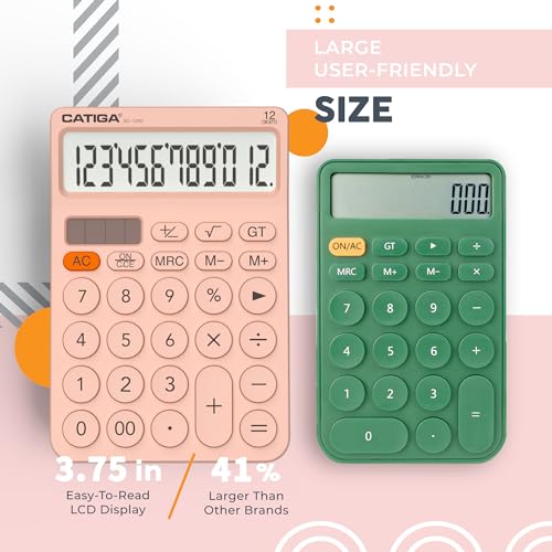 CATIGA 12 Digit Desktop Calculator Basic Desk Calculator with Large LCD Display, Big Buttons, 4 Function, Solar and Battery Dual Power, for Office, School, Home, SD-1292 Pink - color: 3) Pink