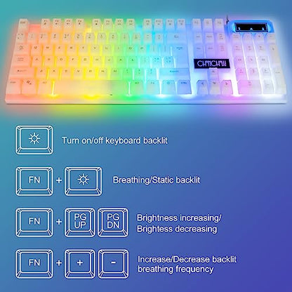 CHONCHOW LED Keyboard and Mouse, 104 Keys Rainbow Backlit Keyboard and 7 Color RGB Mouse, White Gaming Keyboard and Mouse Combo for PC Laptop Xbox PS4 Gamers and Work - color: White