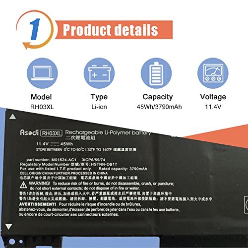 ASODI 45Wh RH03XL M01524-1D1 M02027-005 Laptop Battery Compatible with HP ProBook 430 440 445 450 630 640 650 G8 Series HSTNN-IB9Q HSTNN-OB1T HSTNN-DB0B HSTNN-UB7X M01524-2B1 M01524-AC1 11.4V 3790mAh - size: 12.17*4.41*1.26 inches RH03XL