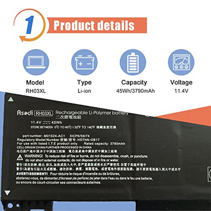 ASODI 45Wh RH03XL M01524-1D1 M02027-005 Laptop Battery Compatible with HP ProBook 430 440 445 450 630 640 650 G8 Series HSTNN-IB9Q HSTNN-OB1T HSTNN-DB0B HSTNN-UB7X M01524-2B1 M01524-AC1 11.4V 3790mAh - size: 12.17*4.41*1.26 inches RH03XL
