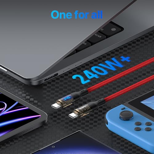 SOOPII USB C to USB C Cable [240W 4ft],Fast Charging USB C Cable with LED Display for MacBook Pro,lPhone16/15/15Pro/15ProMax,Galaxy S23+/S23 Ultra/S22 Ultra,etc.,Transparent Shell(Red) - color: Red, size: 4FT