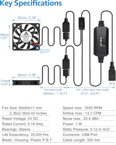 GDSTIME Dual 60mm x 10mm Slim USB Fan with 3 Speeds Control, DC 5V Powered | L/M/H Adjustable, Brushless, Ultra Thin, 60x60x10mm, for Mini PC, Rasberry Pi, Receiver, Router, Amplifier, DIY Cooling - size: 60x10mm