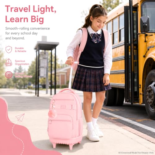 3Pcs Rolling Backpack for Girls Women, 19 Inche School Roller Backpacks with Wheels, Adults Wheeled Bookbag with Lunch Box(Pink) - color: Classic Pink