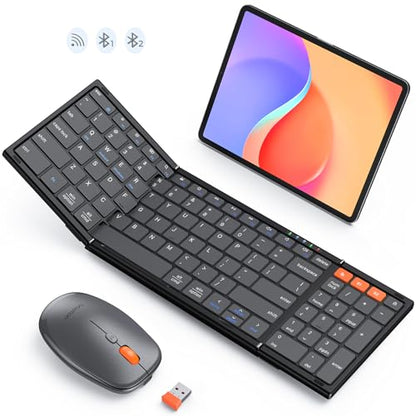 MEETION Foldable Wireless Keyboard and Mouse Combo, Rechargeable, Black | Full-size folding design, 2.4G plus dual Bluetooth, compact for business travel, compatible with Windows, Mac, iPad, Android