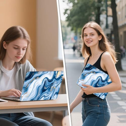 Universal Laptop Skin Sticker Decal, 12"-15.6" Aesthetic Vinyl Wrap, Blue White Marble Gold Foil Waterproof Notebook Cover Art Protector for MacBook HP Dell Lenovo, Fits 13" 14" 15" 15.6" - color: Blue White Marble Gold Foil