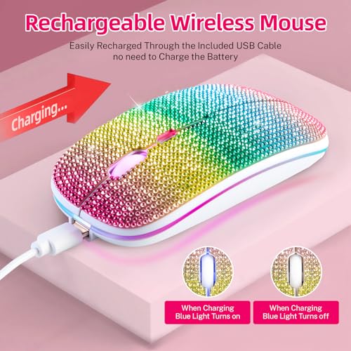 Bluetooth Mouse,Bling Dazzling 2.4GHz Rechargeable Wireless Mouse Slim with USB Receiver, Compatible with Notebook, PC, Laptop, Computer, MacBook,Great Gift idea for Her (Rainbow) - color: Rainbow