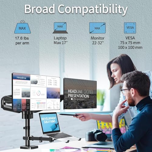 MOUNTUP Dual Monitor and Laptop Mount, Adjustable Monitor Stand for 2 Max 27" Computer Screens, Laptop Tray Fits 10-17inch Notebook, Holds 4.4-17.6lbs Per Arm, 3-in-1 Adjustable Monitor Desk Mount - size: Triple, style: With Pole