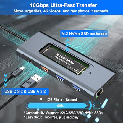 USB C Dock with M.2 NVMe SSD Enclosure, 10Gbps M.2 NVMe SSD Docking Station, USB C Hub with SSD Slot, Laptop Docking Station with 4K HDMI/PD100W/USB 3.2 Gen2/VGA/Gigabit LAN/SD/TF Card Reader