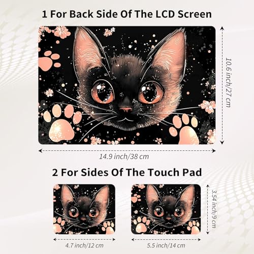 Laptop Skin Sticker 3-Piece Set,Cute Pink and Black Cat | Trim-to-fit 3-piece vinyl set with one 15 x 10.6 in lid skin and two palm-rest decals for many 12-15.6 in laptops - color: Cute Pink And Black Cat