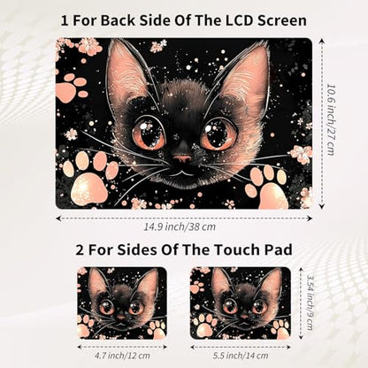 Laptop Skin Sticker 3-Piece Set,Cute Pink and Black Cat | Trim-to-fit 3-piece vinyl set with one 15 x 10.6 in lid skin and two palm-rest decals for many 12-15.6 in laptops - color: Cute Pink And Black Cat