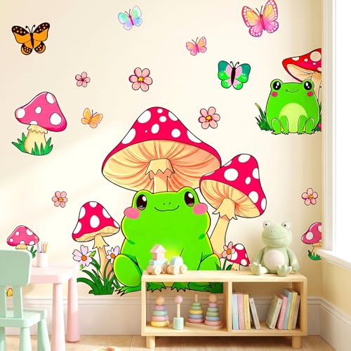 Cute Frog Red Mushroom Wall Decal Butterfly Flower Kids Nursery Decor Art | Adorable forest themed wall art, butterflies small flowers, removable vinyl decor for nursery, kids bedroom, preschool - style: Mushroom#5