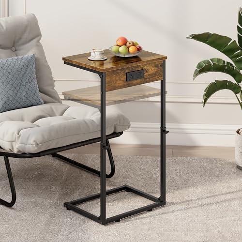C Shaped End Tables Set of 2 with Charging Station, 33.2'' Tall C Table Adjustable Height Side Table, Small Side Table for Small Spaces, Couch Sofa Table TV Tray for Living Room, Rustic Brown - color: Rustic Brown (2 Pack), style: With Plug