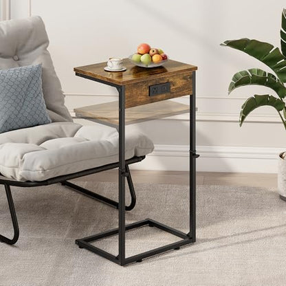 C Shaped End Tables Set of 2 with Charging Station, 33.2'' Tall C Table Adjustable Height Side Table, Small Side Table for Small Spaces, Couch Sofa Table TV Tray for Living Room, Rustic Brown - color: Rustic Brown (2 Pack), style: With Plug