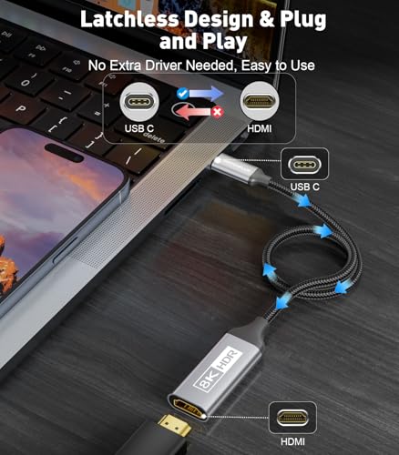 USB-C to HDMI 2.1 Adapter | 8K@60Hz,4K@144Hz,2K@165Hz High-Speed USB Type C 3.1 to HDMI 8K Converter [Thunderbolt 3/4 Compatible] for MacBook Pro/Air,iPad, Other USBC Laptops