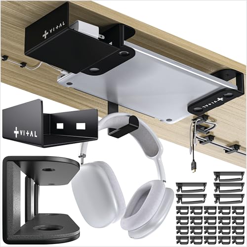 VI+AL Under Desk Laptop Mount - Hidden Metal Shelf with Side Storage, Hook & Cable Organizer - Installs with Tape & Screws - Fits Devices up to 1.7" Thick - Deluxe - style: Deluxe