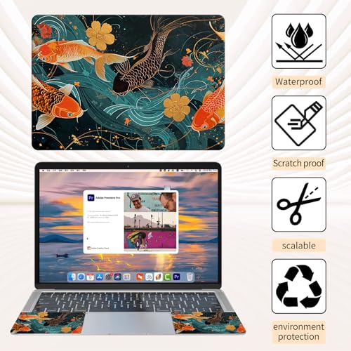 15.6 Inch Laptop Skin Sticker, Reusable Vinyl Cover Protector with 2 Wrist Pad Skins, Removable Waterproof Scratch-Resistant for 12-15.6 Inch Laptop Notebook,Gold and Black Fish - color: Gold And Black Fish