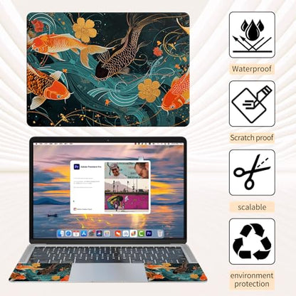 15.6 Inch Laptop Skin Sticker, Reusable Vinyl Cover Protector with 2 Wrist Pad Skins, Removable Waterproof Scratch-Resistant for 12-15.6 Inch Laptop Notebook,Gold and Black Fish - color: Gold And Black Fish