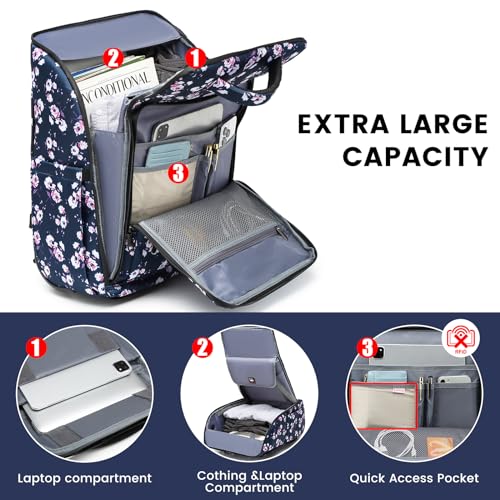 Rolling Backpack Waterproof Commuter Backpack with Wheels for Business, Laptop Compartment for 15.6-Inch Laptop, Wheeled Carry-On Bag for Adults - color: Blue flower