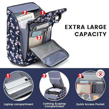 Rolling Backpack Waterproof Commuter Backpack with Wheels for Business, Laptop Compartment for 15.6-Inch Laptop, Wheeled Carry-On Bag for Adults - color: Blue flower