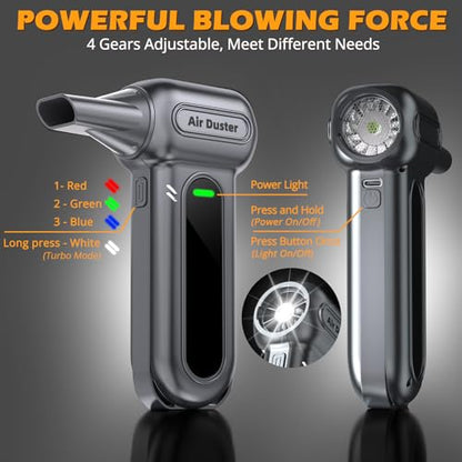 Electric Air Duster Cleaning Tools -180000RPM Super Power Cordless Air Duster, Rechargeable Brushless Motor Durable Blower, 4-Gear Adjustable Dust Blower Fan for Car, PC, Sliver