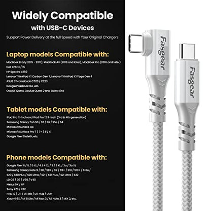 Fasgear USB C 3.2 Gen 2x2 Cable, 6ft, Grey | Right Angle, 20Gbps, 4K Video, 100W Charging, Compatible with Mac-book Pro, i-Pad Pro, Laptops, Monitors, Switch - color: Grey, size: 6 ft