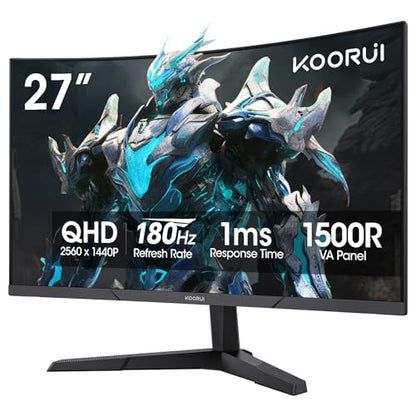KOORUI 27 Inch Curved Gaming Monitor QHD 180Hz, 1ms 1500R VA Display | 2560×1440 Monitor, Adaptive Sync, 4000:1 Contrast, 90% DCI-P3, Eye Care, HDMI×2 and DP, VESA, FPS & Console Gaming - size: 27inch 180Hz/QHD/Curved