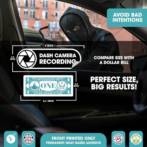 Dash Camera Recording in Car Sticker | Dash Cam Vinyl Sticker Sign | in Car Camera Recording | 2 Pack Car Window Small Sticker | Black Glossy 8x2.5 Inches Waterproof Sticker (Large) - size: Large