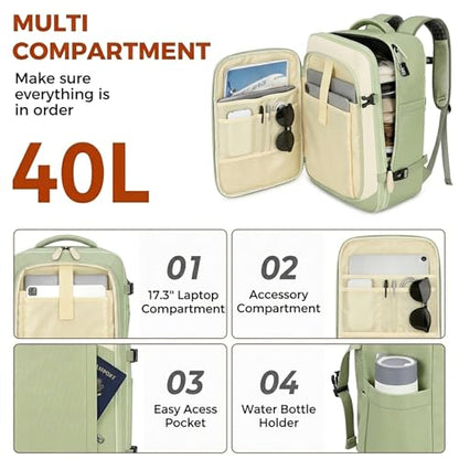 Vancropak Carry on Backpack for Airplane, Travel Backpack Fits 17.3" Laptop | Shoe Compartment, 3 Packing Cubes, 18x14x8 Travel Backpack, 40L Expandable Suitcase, Lightweight Anti Theft Weekender Bag - color: Green