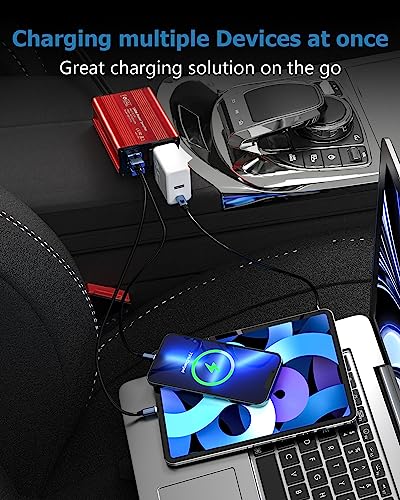 FOVAL 150W Car Power Inverter 12V DC to 110V AC Converter Vehicle Adapter Plug Outlet with 3.1A Dual USB Car Charger for Laptop Computer (Classic Red)