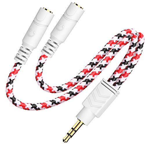 Headphone Splitter, 3.5mm Splitter Cable for Headset [Fine Braided & Gold Plated] Stereo Audio Y Cable AUX Splitter - Compatible for iOS, Android, Smartphones, Tablets & More - (0.85ft/26cm) | Stereo Audio Sound, Dual Headphone and Speaker Jack Adapter, C