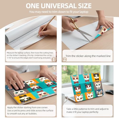 Universal Laptop Skin Sticker for 12/13/14/15.6 Inch Laptops, Reusable Vinyl Laptop Decal Cover, Waterproof Scratch Resistant Notebook Skin with 2 Wrist Pads,Cute Cat Head - color: Cute Cat Head